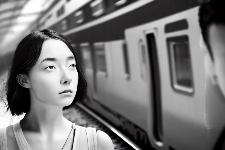 Image similar to vfx film closeup couple in a train station flat color profile low - key lighting award winning photography arri alexa cinematography, beautiful natural skin, famous face, atmospheric cool color - grade