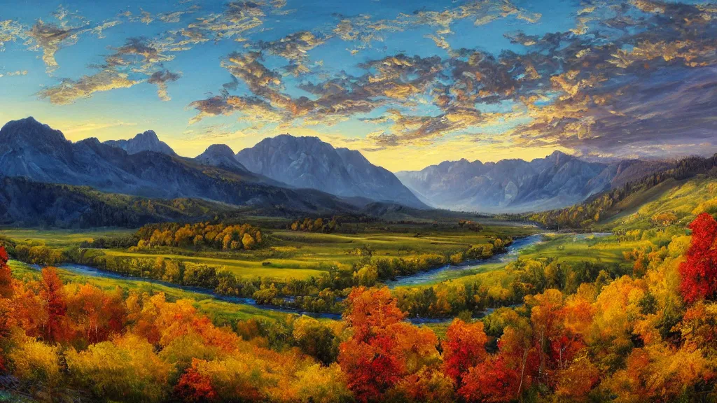 Image similar to The most beautiful panoramic landscape, oil painting, where the mountains are towering over the valley below their peaks shrouded in mist. The sun is just peeking over the horizon producing an awesome flare and the sky is ablaze with warm colors and cirrus clouds. The river is winding its way through the valley and the trees are starting to turn yellow and red, by Greg Rutkowski, aerial view