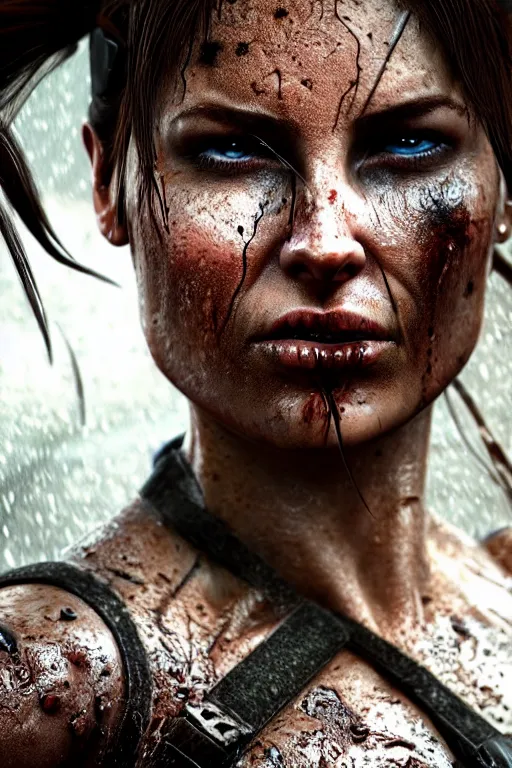 Image similar to candid action photographic portrait muscular sweat lara croft, covers with mud exhausted face close up, highly detailed, moody emotional cinematic, pouring iridescent rain, 8 k, hd, high resolution, ultra realistic faces 8 k