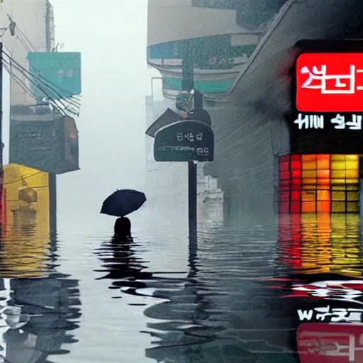 Image similar to seoul city is flooded by heavy rain. A guy with suit is sitting on the top of the A car is middle of the street flooded. Shinkai Makoto Ghibli anime style