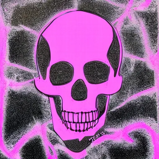 Image similar to a 3 d wireframe pink cartoon skull spray painted on a black background with dripping pink spray paint, three fourths view, graffiti, black background!!!!!, outline