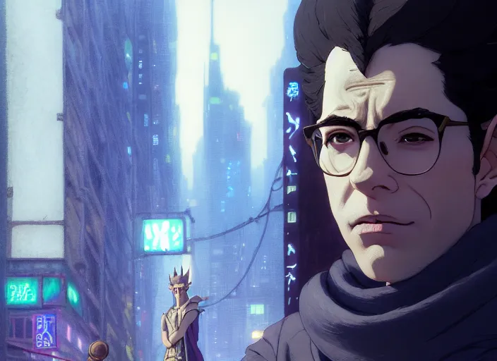 Image similar to a film still portrait of seinfeld elven king, finely detailed features, closeup of face, cinematic lighting, perfect art, night cyberpunk city, intricate, anime, gapmoe grimdark, artstation, trending on pixiv fanbox, painted by greg rutkowski makoto shinkai takashi takeuchi studio ghibli, akihiko yoshida, 4 k