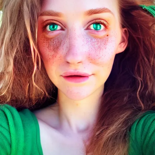 Image similar to beautiful hyperrealism selfie of a cute 3 d young woman smiling softly, long light bronze brown hair, cute freckles, flushed face, red blush, small heart - shaped face, soft features, emerald green eyes, golden hour, 8 k, sharp focus, instagram