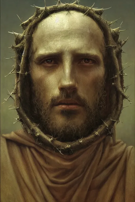 Prompt: portrait of Jesus Christ in hood and crown of thorns, dark fantasy, Warhammer, artstation painted by Zdislav Beksinski and Wayne Barlowe