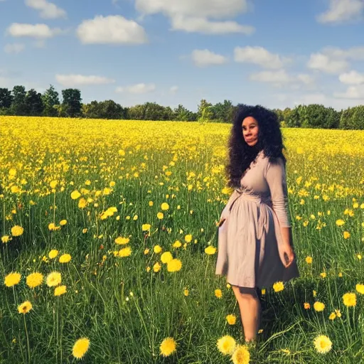 Image similar to a portrait of a beautiful 3 5 year old racially ambiguous woman, curly blond hair, standing in a field of soft focus dandelion flowers on a lovely spring day