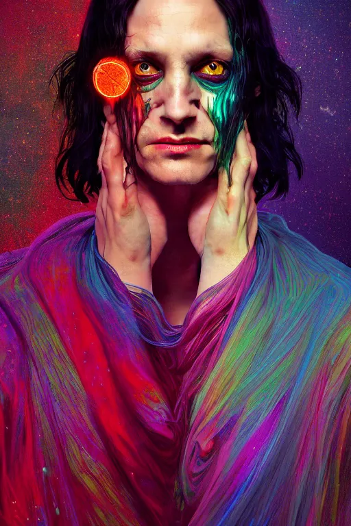 Image similar to portrait of brian molko as delirium of the endless, the sandman, rainbow clothes, in persian temple wet night, sci - fi and fantasy, intricate and very very beautiful and elegant, highly detailed, digital painting, artstation, concept art, smooth and sharp focus, illustration, art by tian zi and wlop and alphonse mucha