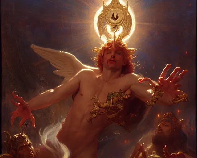 Image similar to attractive male deity, casting demonic magic, summoning handsome lucifer morning star. highly detailed painting by gaston bussiere, craig mullins, j. c. leyendecker 8 k