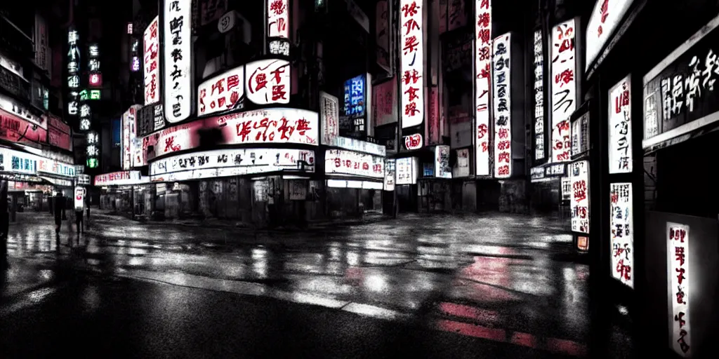 Image similar to Noir Cyberpunk Tokyo with neon signs in Japanese, raining, dark, gloomy atmosphere in style of 60-s Movies. Symbolism, Detailed Art, 8K, Epic, Dynamic Light.