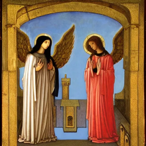 Image similar to 2 angels at the tomb of jesus, medium wide shot, edmund leighton