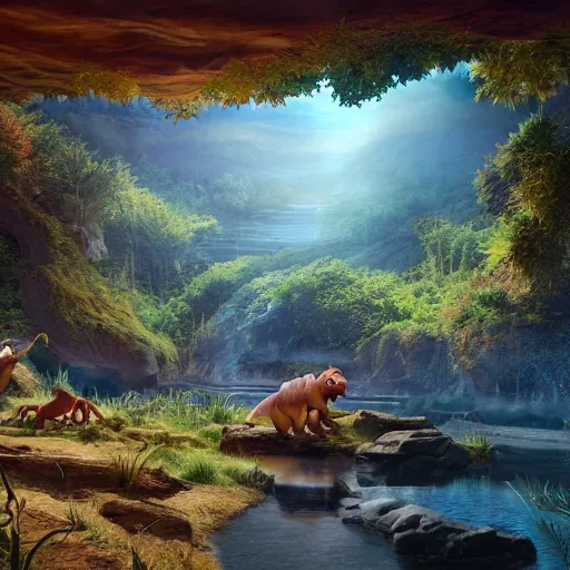 Image similar to photorealistic cinematic land before time scene. hyperdetailed photorealism, 1 0 8 megapixels, amazing depth, high resolution, 3 d shading, 3 d finalrender, 3 d cinematic lighting, glowing rich colors, powerful imagery, artstation concept art.