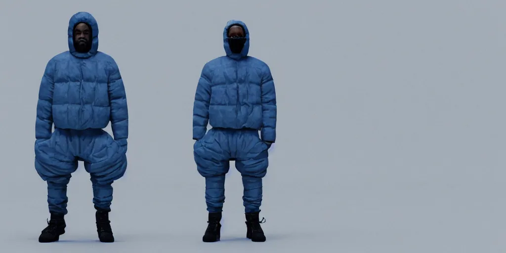 Image similar to kanye west wearing a cloth black face covering mask, a small, tight reflective bright blue puffer jacket made of nylon, jeans pants made and big black rubber boots in 3 d, blender, octane render, 3 d render, realistic, unreal engine, studio light, 4 k, 8 k