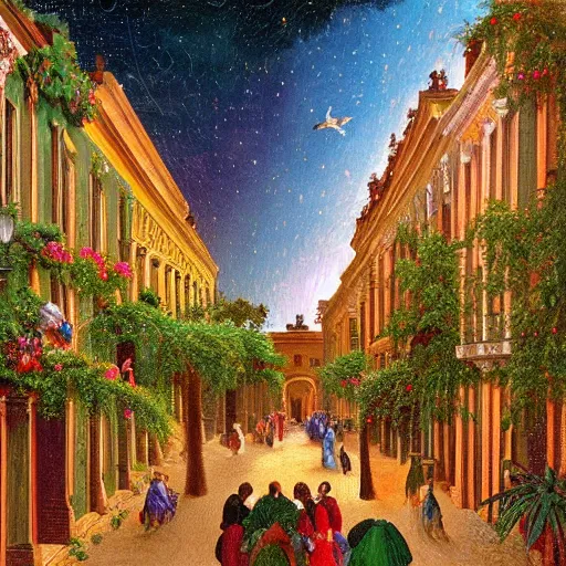 Prompt: many jewel colored hummingbirds with milky eyes hovering around plants in a renaissance architecture city street at night with rainforest greenery, hudson river school style, illustration, bright colors