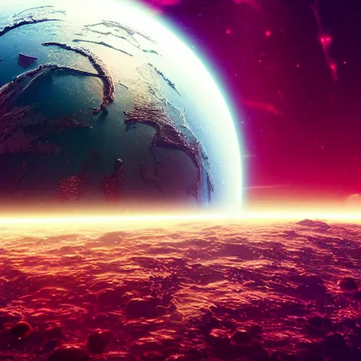 Image similar to earth in space, digital art, synthwave, detailed, sharp focus, synthwave art, aesthetic, octane render, raw cinematic, trending on artstation, highly detailed, matte painting