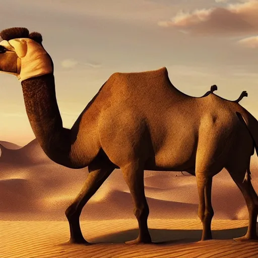 Image similar to a giant camel with an entire city on its back, photorealistic, highly detailed, desert