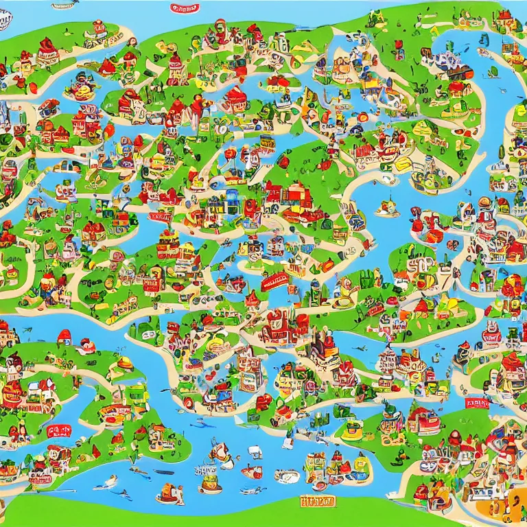 Image similar to map of busytown by richard scarry, HD, trending on artstation