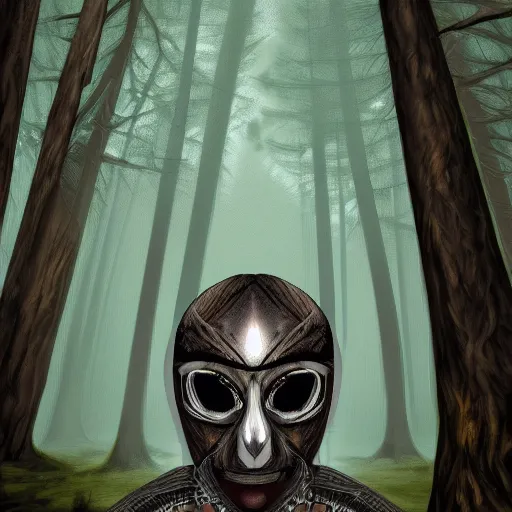 Image similar to hyper-detailed digital painting of a masked man in a dark forest