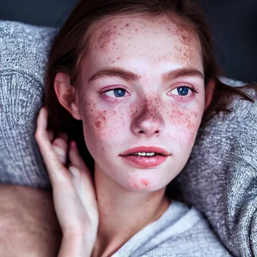 Image similar to portrait of a cute thin young woman, red blush, cute freckles wearing casual clothes, small smile, relaxing on a couch, cozy living room, close up shot, 8 k, art by diego fazio and irakli nadar, hyperrealism, hyperdetailed, ultra realistic