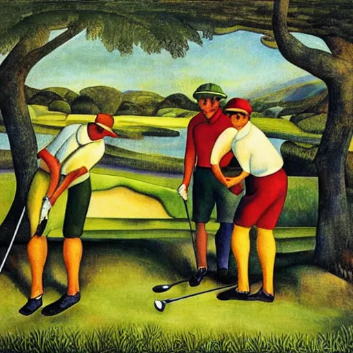 Image similar to Three golfers on a beautiful golf course, by Diego Rivera