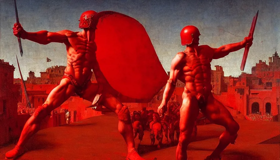 Image similar to only with red, a lightly armored gladiator in a crowded roman amphitheatre, crowd cheering, in the style of beksinski and edward hopper and rodcenko and yue minjun and artgerm, intricate and epic composition, red by caravaggio, highly detailed, masterpiece, red light, artstation, art nouveau