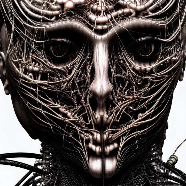 Prompt: portrait of neural nightmares by yoshitaka amano and HR Giger, detailed face face face face, facial structure, hd, 8k, very very very very electronic, biomechanical, biology, bio, neural machine