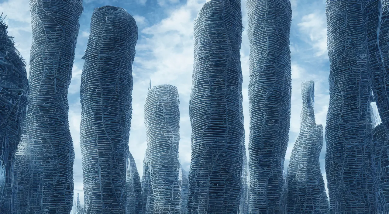 Prompt: a futuristic landscape of a tall tower,