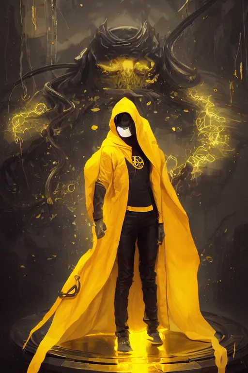 Prompt: A full body portrait of a mysterious character with no face with a very long yellow hooded cloak with tentacles coming out the bottom art by Maciej Kuciara and Jason Chan, trending on artstation, Ultra detailed, hyper realistic 4k