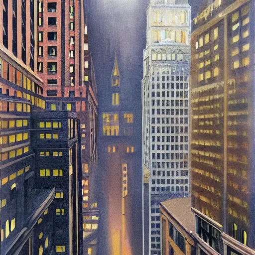 Image similar to muted color ultra realistic painting of a balcony view of 1 9 2 5 boston downtown at night in dr strange's mirror dimension, dark, brooding, night, atmospheric, horror, cosmic, ultra - realistic, smooth, highly detailed in the style of clyde caldwell