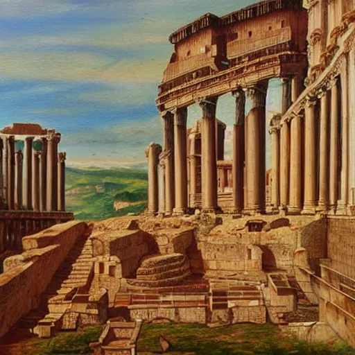 Prompt: fantasy version of ancient rome, roman city, oil painting