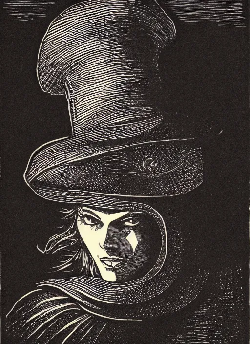 Prompt: perfectly centred realistic portrait of a character dressed in leather tight suit and witch hat, dark, chiaroscuro woodcut