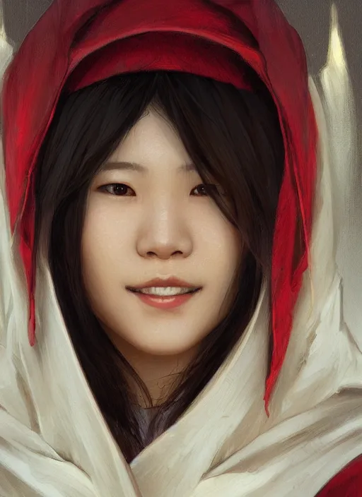 Image similar to Close-up portrait of smiling young asian woman wearing hood, portrait, highly detailed, digital painting, artstation, concept art, sharp focus, illustration, art by artgerm and greg rutkowski and alphonse mucha