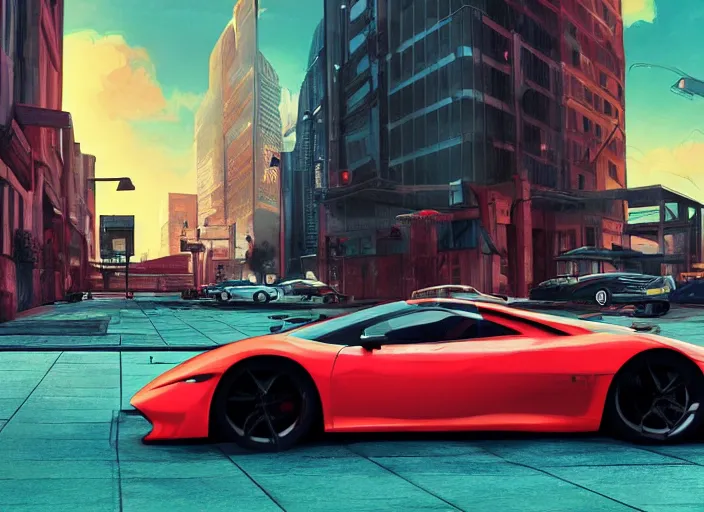 Image similar to a sport car in a city. sharp focus, cinematic pose, cinematic lighting, unreal engine render. art by josan gonzales and moebius and deathburger.