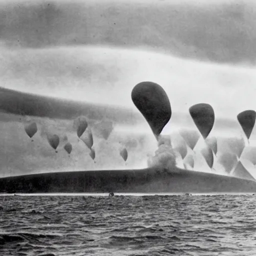 Image similar to photo of hundreds of zeppelins clustered around an active volcano on an island