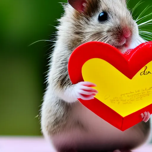 Image similar to detailed photo of a hamster holding a valentine's letter, various poses, full body, unedited, daylight, dof, sharp focus, 8 k