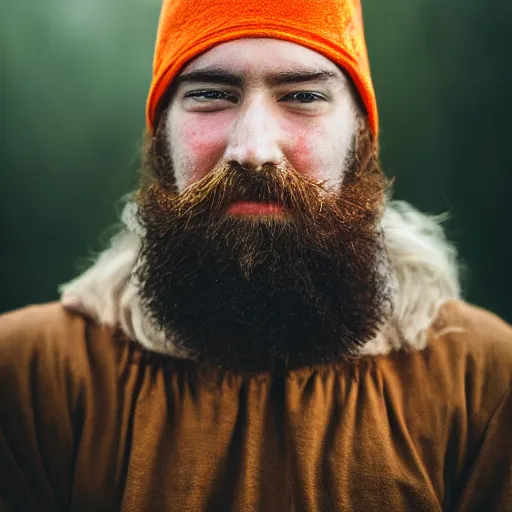 Image similar to A bearded wizard with an orange beanie, (EOS 5DS R, ISO100, f/8, 1/125, 84mm, postprocessed, crisp face, facial features)