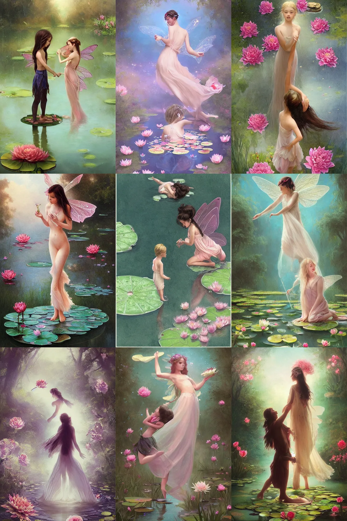 Prompt: a fairy cinematic boy girl traditional romance moment of a friends lily pad pond standing on a lily pad, wearing boho clothing and peonies, silhouette, artwork by Falero Luis Ricardo, Minimal Movie Posters, fantasy magic, art masterpiece by Greg Rutkowski, Gaston Bussiere, craig mullins, #wip #illustration #illustradraw #illustrator #vector #colors #colorschemes