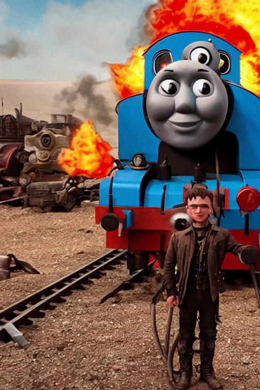 Image similar to Thomas the Tank Engine in the fiery Wasteland of MAD MAX: FURY ROAD