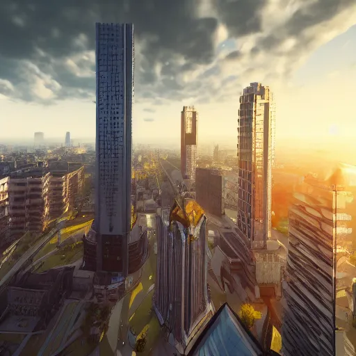 Prompt: two skyscrapers with straight features rising above the rural city with atmospheric clouds, golden hour, artstation, unreal engine 5, hyperdetailed, aerial view, 2 4 mm lens
