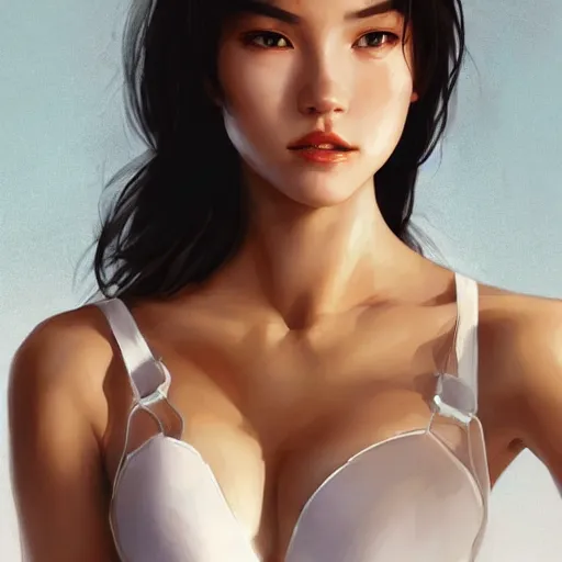 Prompt: portrait of cassandra cain wearing white bra, in water, attractive, casual, modern, victoria's secret, highly detailed, digital painting, artstation, concept art, smooth, sharp focus, illustration, art by artgerm, greg rutkowski and alphonse mucha