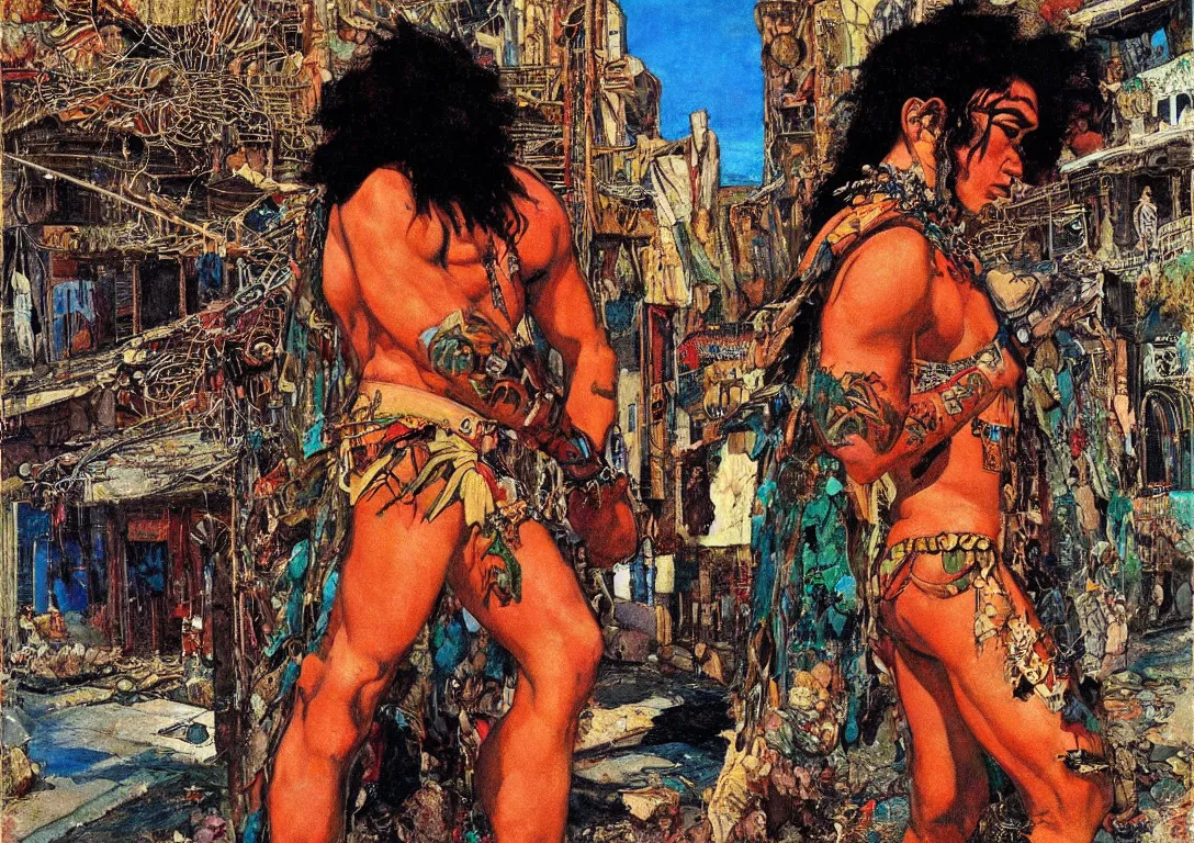 Image similar to a punk polynesian greek god searching through the streets of an abandoned city, sparse detail, complementary color scheme, by george luks, mati klarwein and moebius