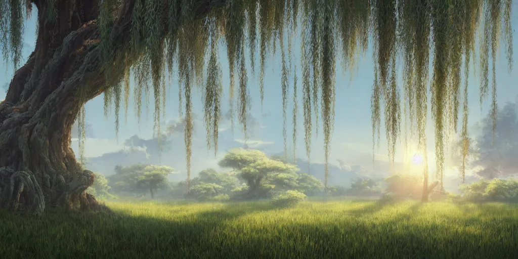 Image similar to A highly detailed matte oil painting of a willow tree, hyperrealistic, cinematic, breathtaking, beautiful composition, Mokoto Shinkai, Studio Ghibli, Dan Mumford, James Jean, volumetric lighting, octane render, 4K resolution, trending on artstation