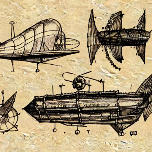 Prompt: paper sketches of steampunk airships