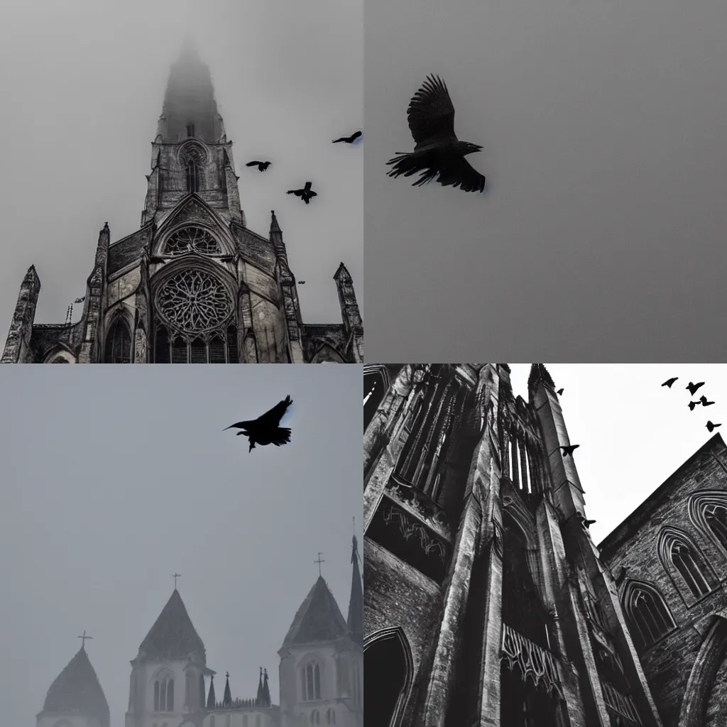 Prompt: crows flying around cathedral, low angle shot, misty and gloomy environment