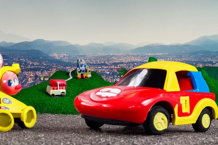 Image similar to fisher price race car through suburban mountains, construction in the distance Scene from TV show 85mm