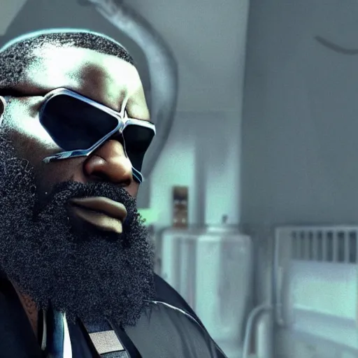 Image similar to Rick Ross as a Metal Gear Solid Villain 2005 JRPG cinema 4d render, Ray tracing reflection, natural lighting, Unreal Engine award winning photography