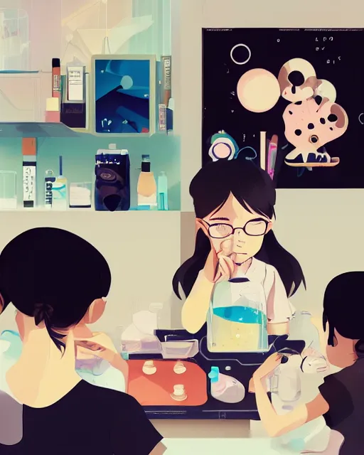 Image similar to a little girl is doing a science experiment. clean cel shaded vector art. minimalist illustration art by lois van baarle, artgerm, helen huang by makoto shinkai and ilya kuvshinov, rossdraws