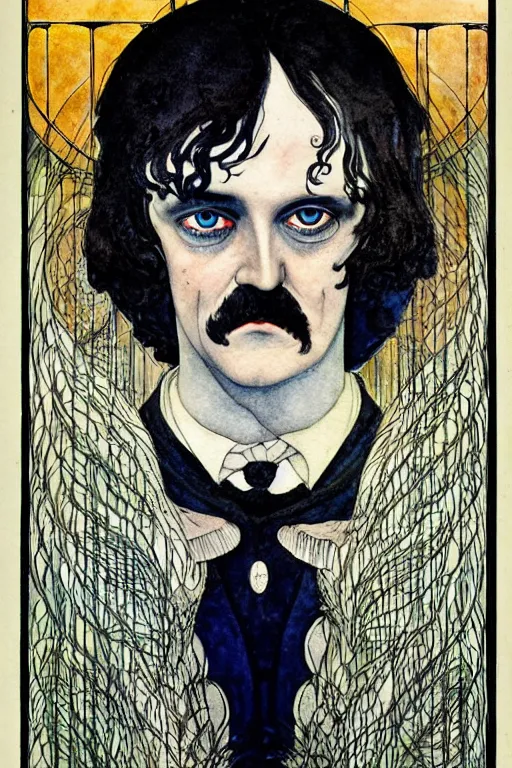 Image similar to realistic symmetrical portrait of edgar allen poe in the center of a black wing frame, detailed art by kay nielsen and walter crane, illustration style, watercolor