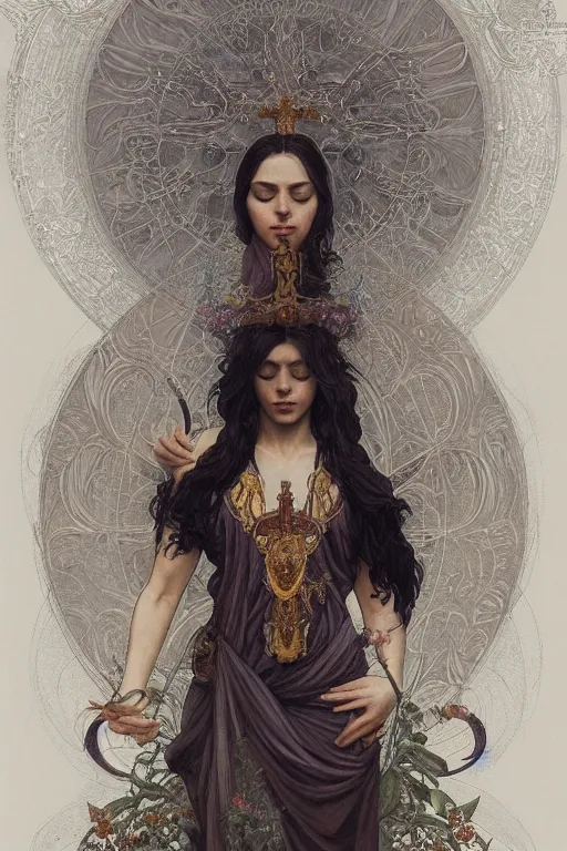 Prompt: a full body portrait of a beautiful ethereal delicate botanist mage queen meditative sacral pose catholic stages of the cross, intricate, elegant, highly detailed, digital painting, artstation, concept art, smooth, sharp focus, illustration, art by krenz cushart and artem demura and alphonse mucha