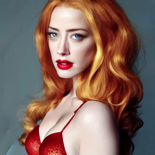 Image similar to photo of a gorgeous christina hendricks amber heard hybrid by mario testino, realistic, professionally, professionally color graded, half body shot, victoria's secret, sharp focus, 8 k high definition, insanely detailed, intricate, elegant, sony a 7 r