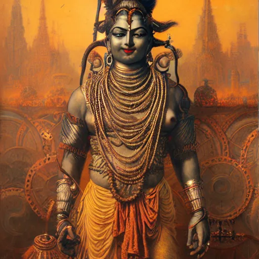 Image similar to detailed potrait of hindu god shiva with hightec vr headset steampunk head armour, girl graceful,, painting by gaston bussiere, craig mullins, j. c. leyendecker, lights, art by ernst haeckel, john william godward, hammershøi,,