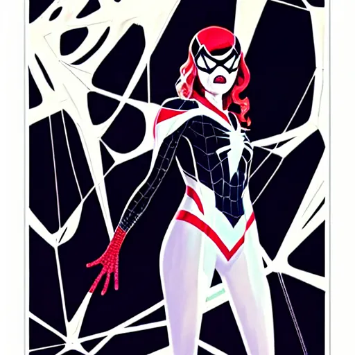 Image similar to Joshua Middleton comic cover art, cinematics lighting, pretty Emma Stone as Spider Gwen symmetrical face, Marvel comics, hanging from white web, playful smirk, city in background